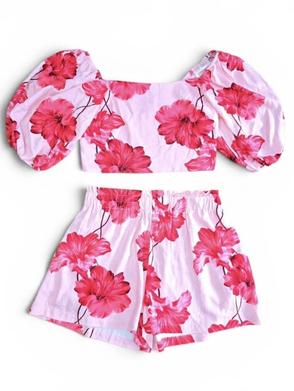 Paper Heart Alro Hisbiscus Linen Blend Two Piece Set Puff Sleeve Top Shorts Sz.L